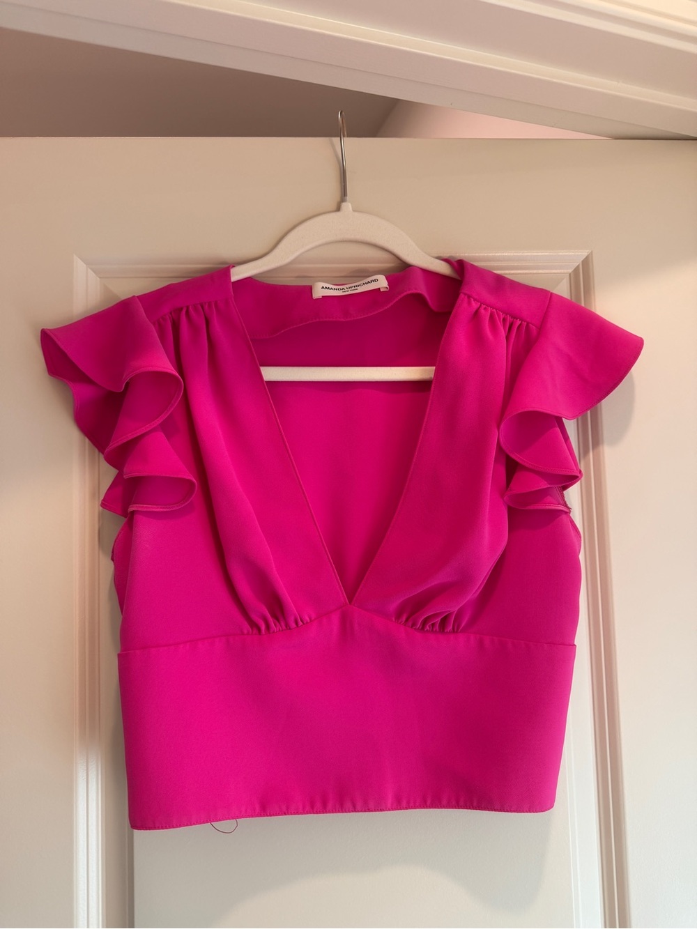 Amanda Uprichard Hot Pink V-Neck Ruffle Sleeve Crop Top